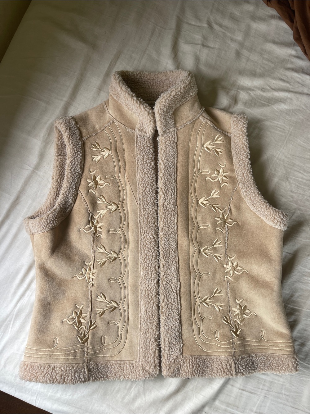 Vintage Beige Embroidered Shearling-Trim Vest